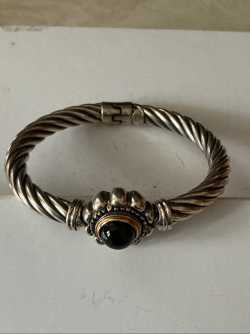 Sterling Silver Cable Bangle Bracelet with Black Onyx Accent